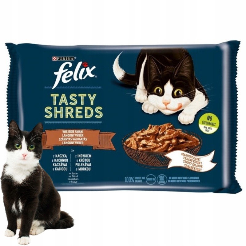 Karma mokra dla kotów SASZETKI Felix Tasty Shreds Wiejskie Smaki w sosie Kaczka Indyk 4x80g NESTLE