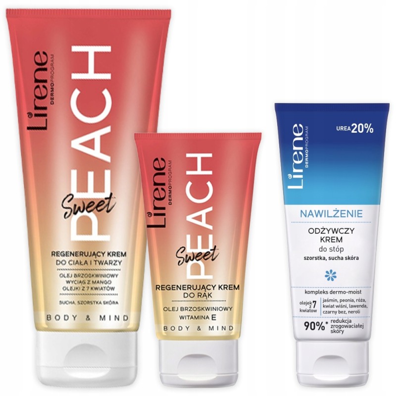 Zestaw krem do ciała i twarzy SWEET PEACH 200ml + krem do rąk SWEET PEACH 50ml + GRATIS odżywczy krem do stóp 100ml LIRENE